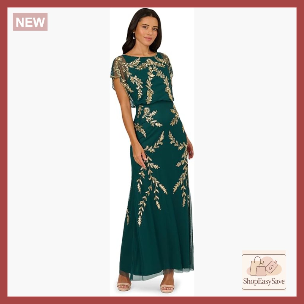 Beaded Mermaid Evening Dress Elegant Blouson Flutter Sleeves Floor Length
